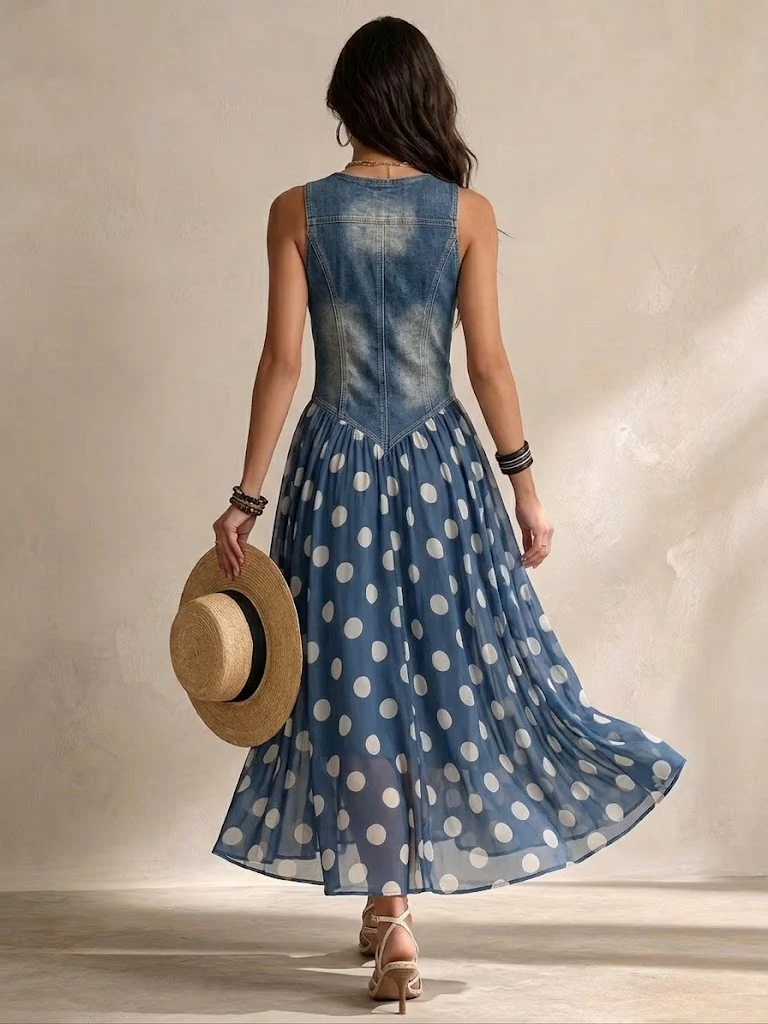 CRISTINA™ | Vestido Midi de Gasa con Lunares