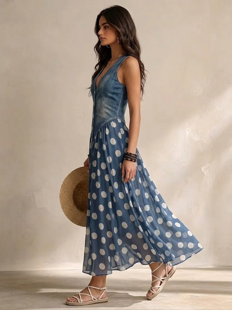 CRISTINA™ | Vestido Midi de Gasa con Lunares