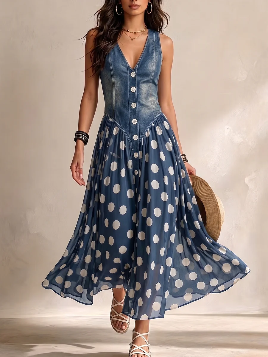 CRISTINA™ | Vestido Midi de Gasa con Lunares